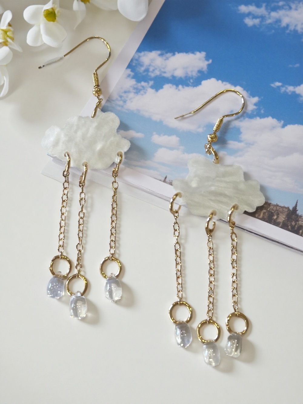 Gold & White Cloud Drop Earrings - Dangle Earrings